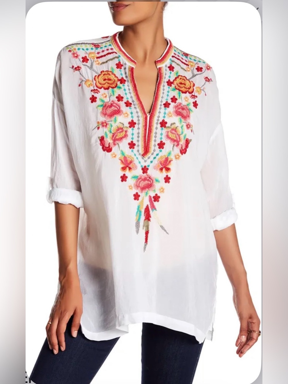 Embroidered White V-Neck Tunic Top by Johnny Was in size M.